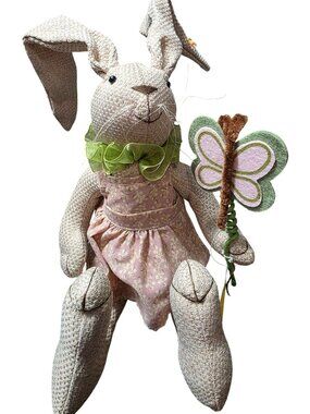 Whimsical Tan Fabric Bunny Rabbit Shelf Sitter Holding A Butterfly